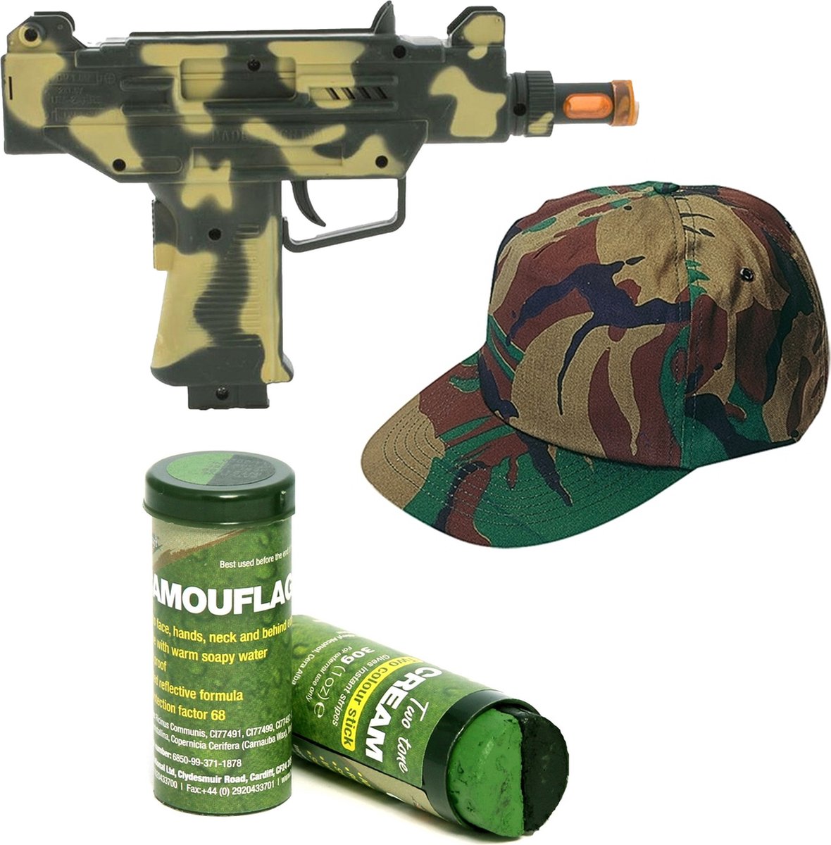 Militairen verkleedset Uzi geweer/camouflage pet en schminkstift