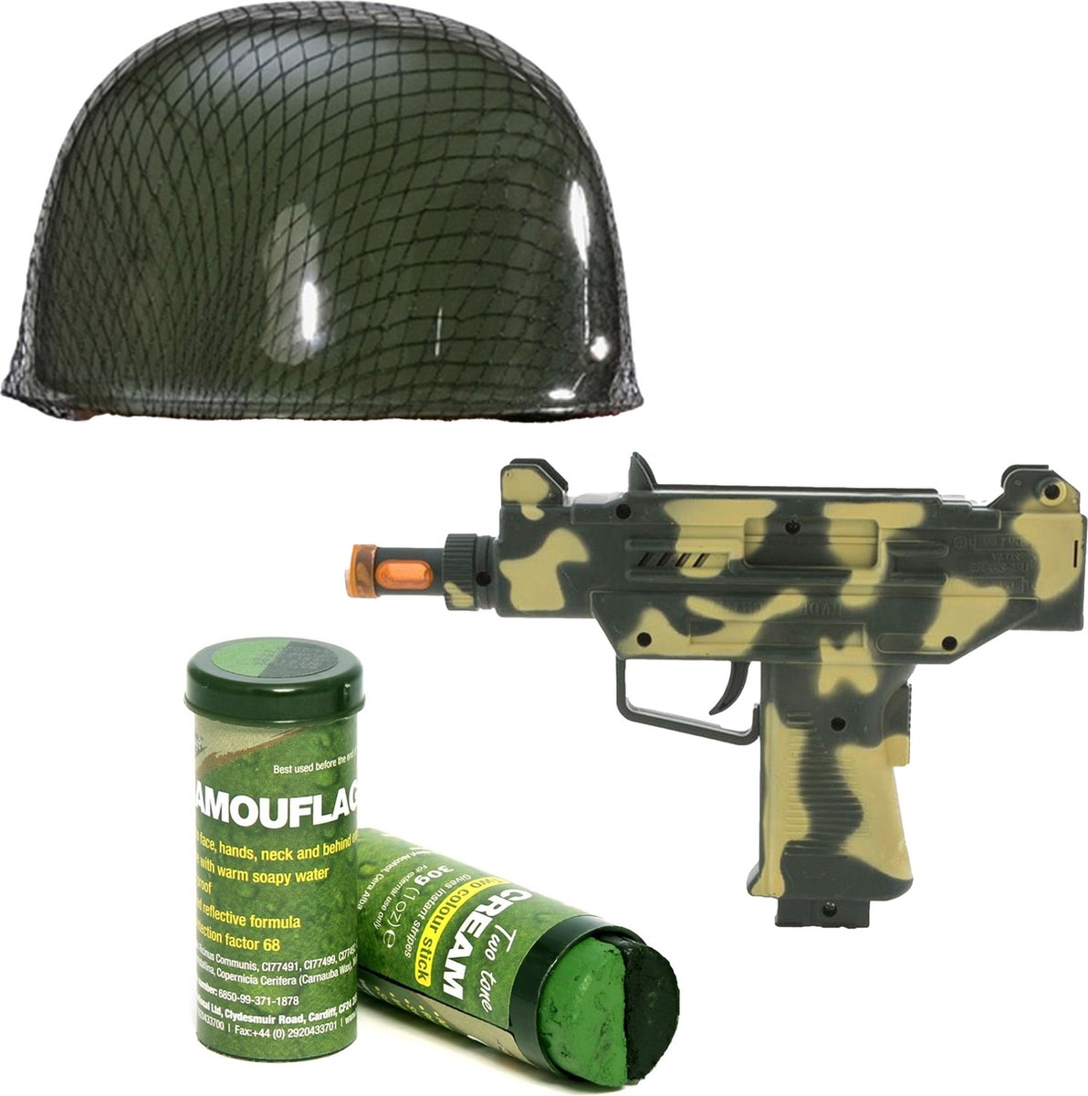 Militairen verkleedset Uzi geweer/soldatenhelm en schminkstift