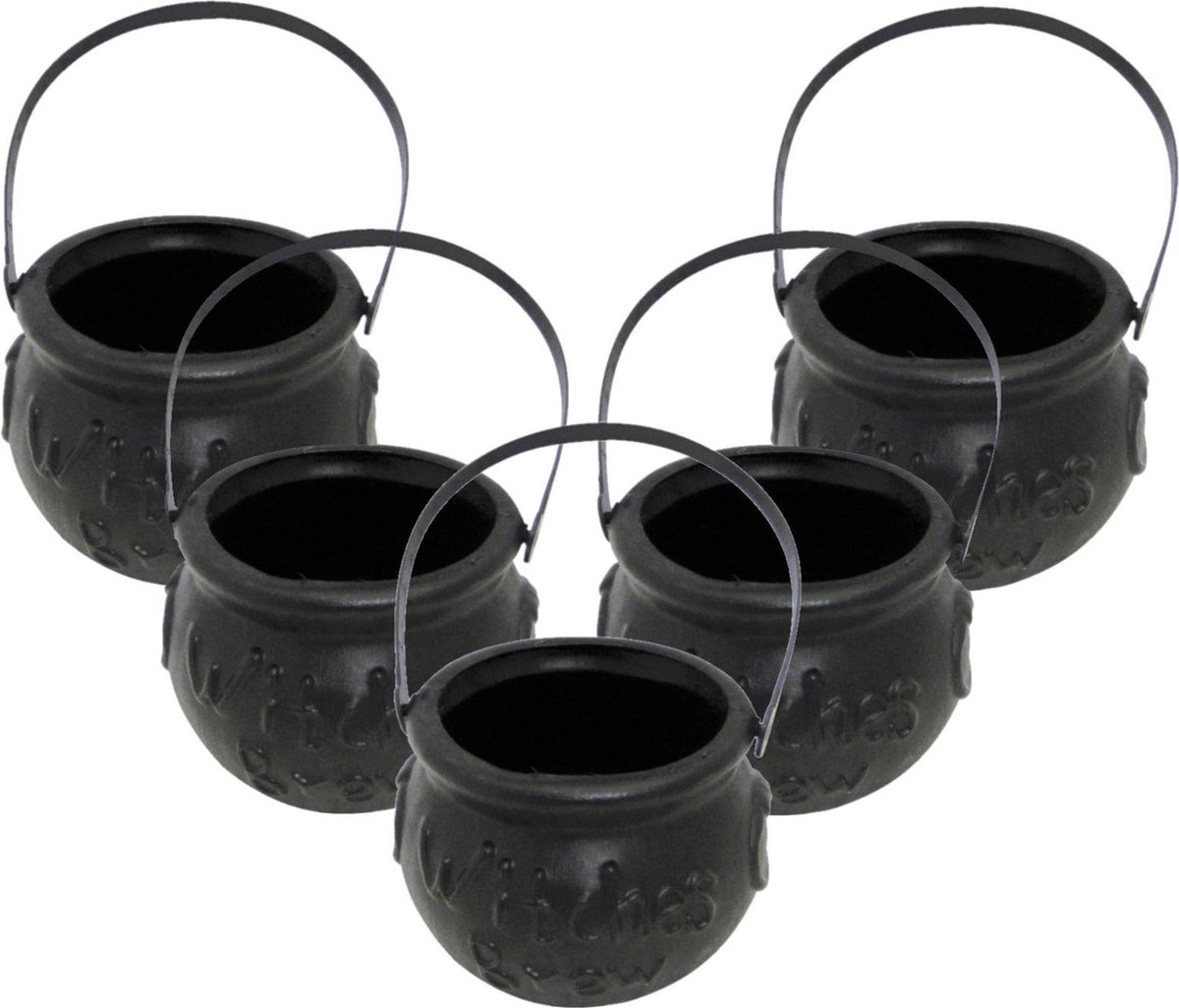 Set van 5x stuks mini heksenketel/kookpot zwart 15 cm - Halloween uitdeel cadeautjes