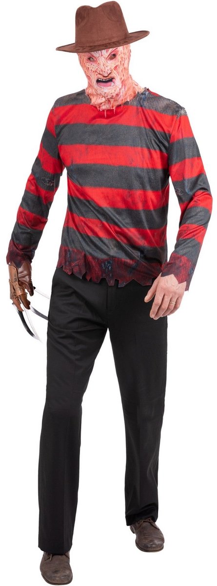   - Horror Films Kostuum - Freddy Krueger Shirt En Masker Man - Rood, Grijs, Beige - Medium - Carnavalskleding - Verkleedkleding