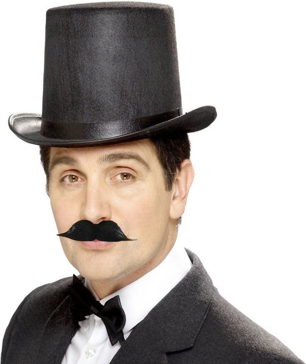   Aristocraat verkleedkleding - 3 delige set - zwart - hoge hoed - vlinderstrik - plaksnor - heren - Historische accessoires