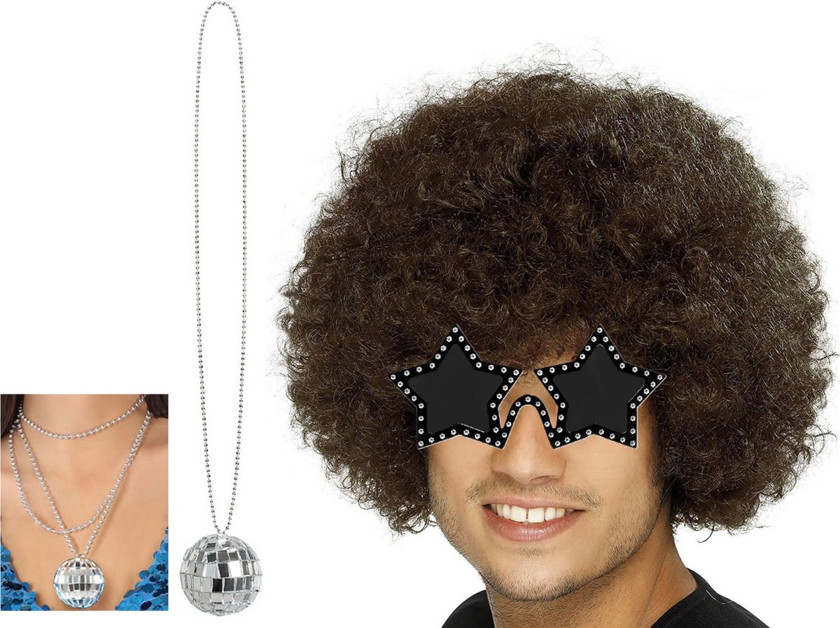   Carnaval verkleedset afropruik bruin - sterren zonnebril - Discobal ketting - Disco/seventies party thema