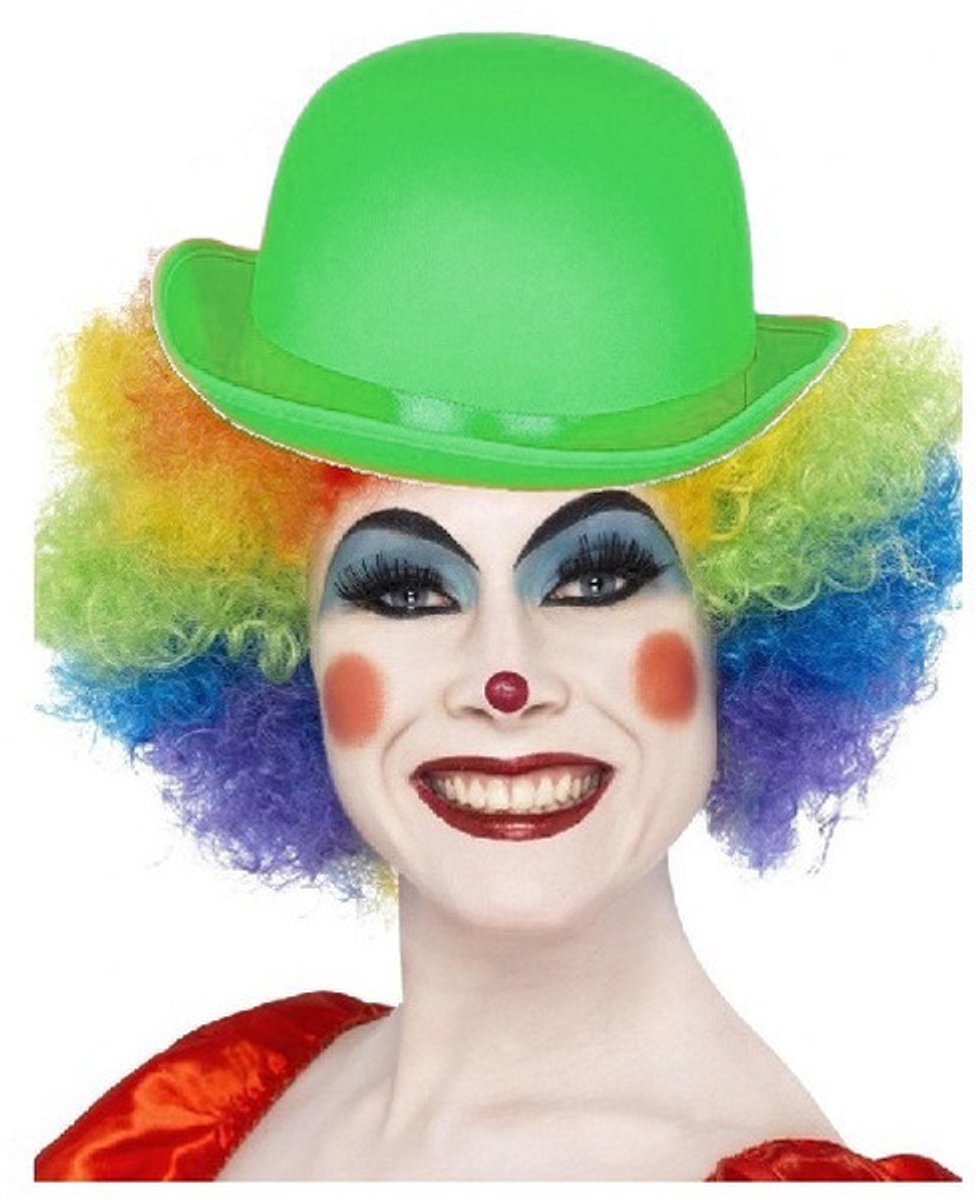   Clown verkleed set - gekleurde pruik - met bolhoedje groen - Carnaval clowns verkleedkleding en accessoires - volwassenen