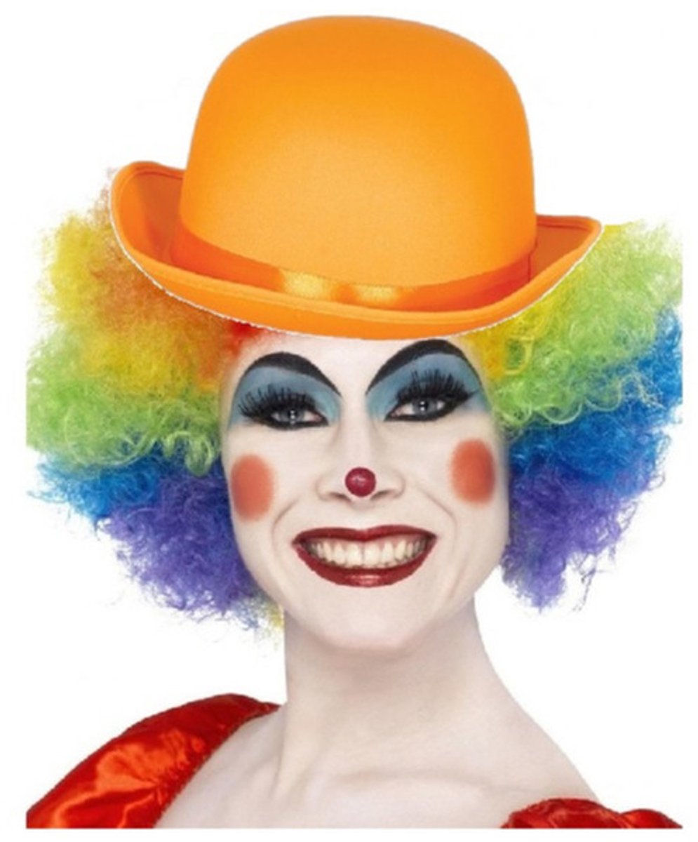   Clown verkleed set - gekleurde pruik - met bolhoedje oranje - Carnaval clowns verkleedkleding en accessoires - volwassenen