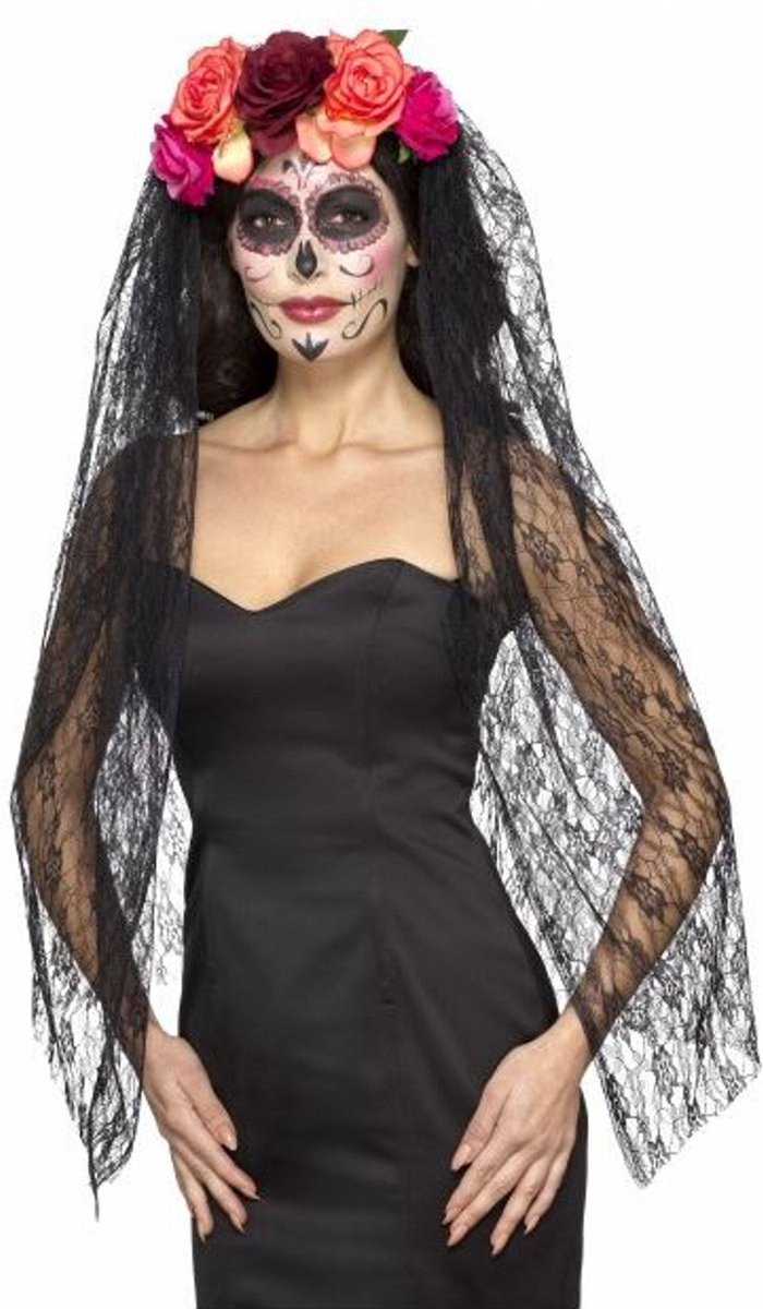   Day of the dead haarband - met bloemen en sluier - halloween - horror - diadeem