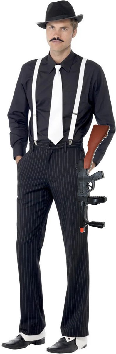   Gangster/Maffia verkleedkleding setje voor heren - hoed - bretels - stropdas - machinegeweer 50 cm - Al Capone thema