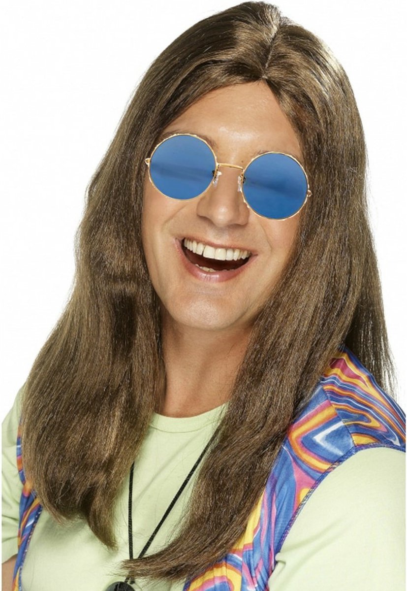   Hippie Sixties verkleed set - Pruik lang haar bruin - bril ronde glazen blauw - heren