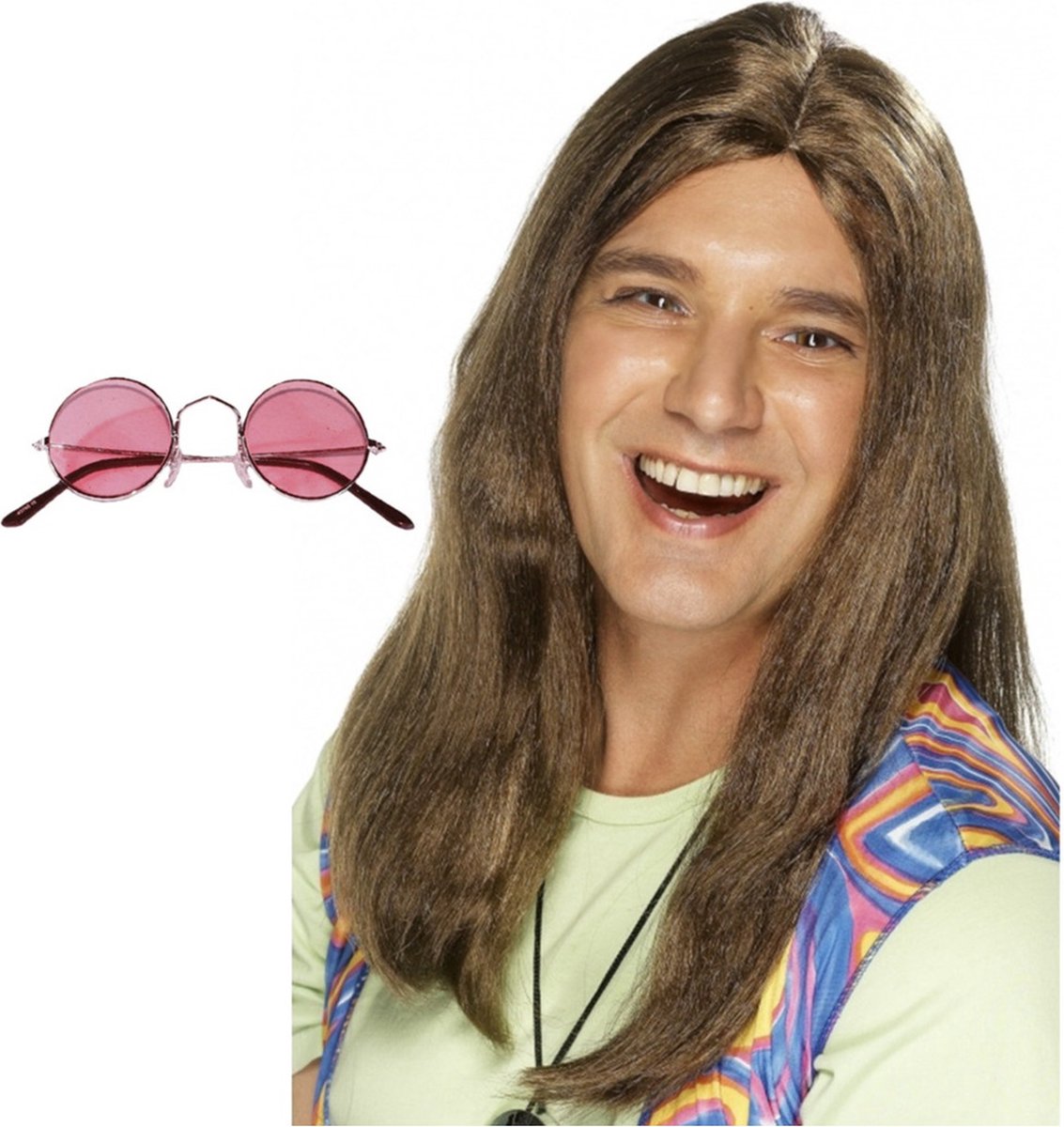   Hippie Sixties verkleed set - Pruik lang haar bruin - bril ronde glazen roze - heren