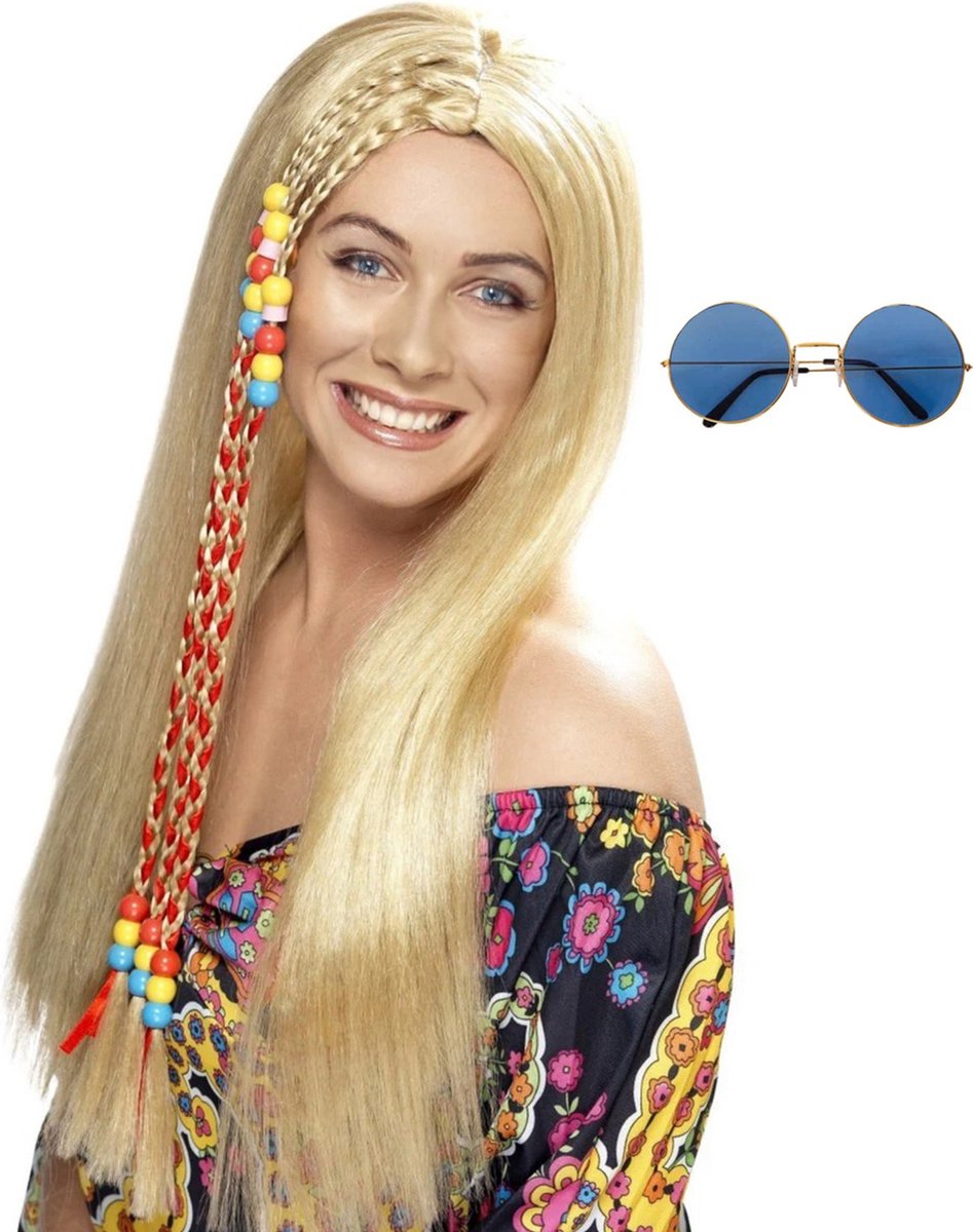   Hippie Sixties verkleedset dames - Pruik lang haar blond - bril met ronde glazen blauw - Flower Power thema