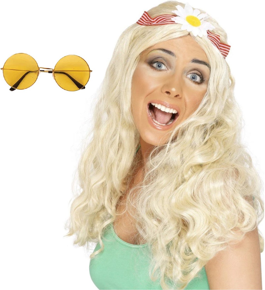   Hippie Sixties verkleedset dames - Pruik lang haar blond - bril met ronde glazen geel - Flower Power thema