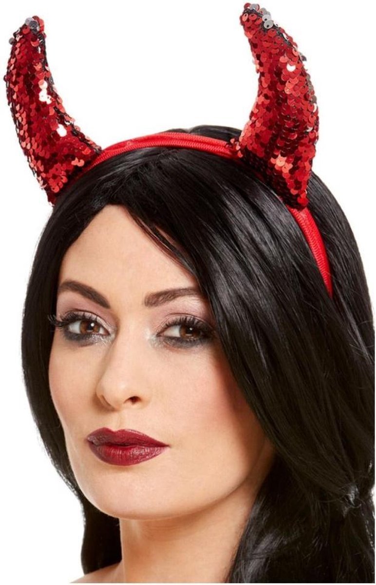 Smiffys Hoorns haarband Reversible Sequin Devil Rood