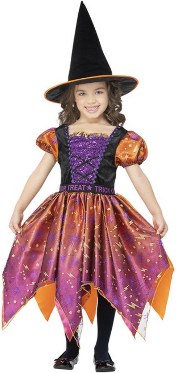   Kinder Kostuum -Kids tm 6 jaar- Moon & Stars Witch Oranje/Paars