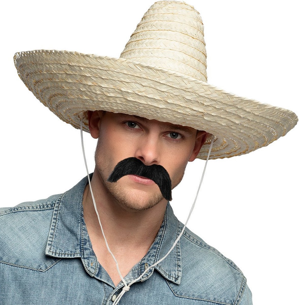   Mexicaan Carnaval verkleed set - Grote sombrero hoed naturel - Dia 49 cm - met plaksnor - heren