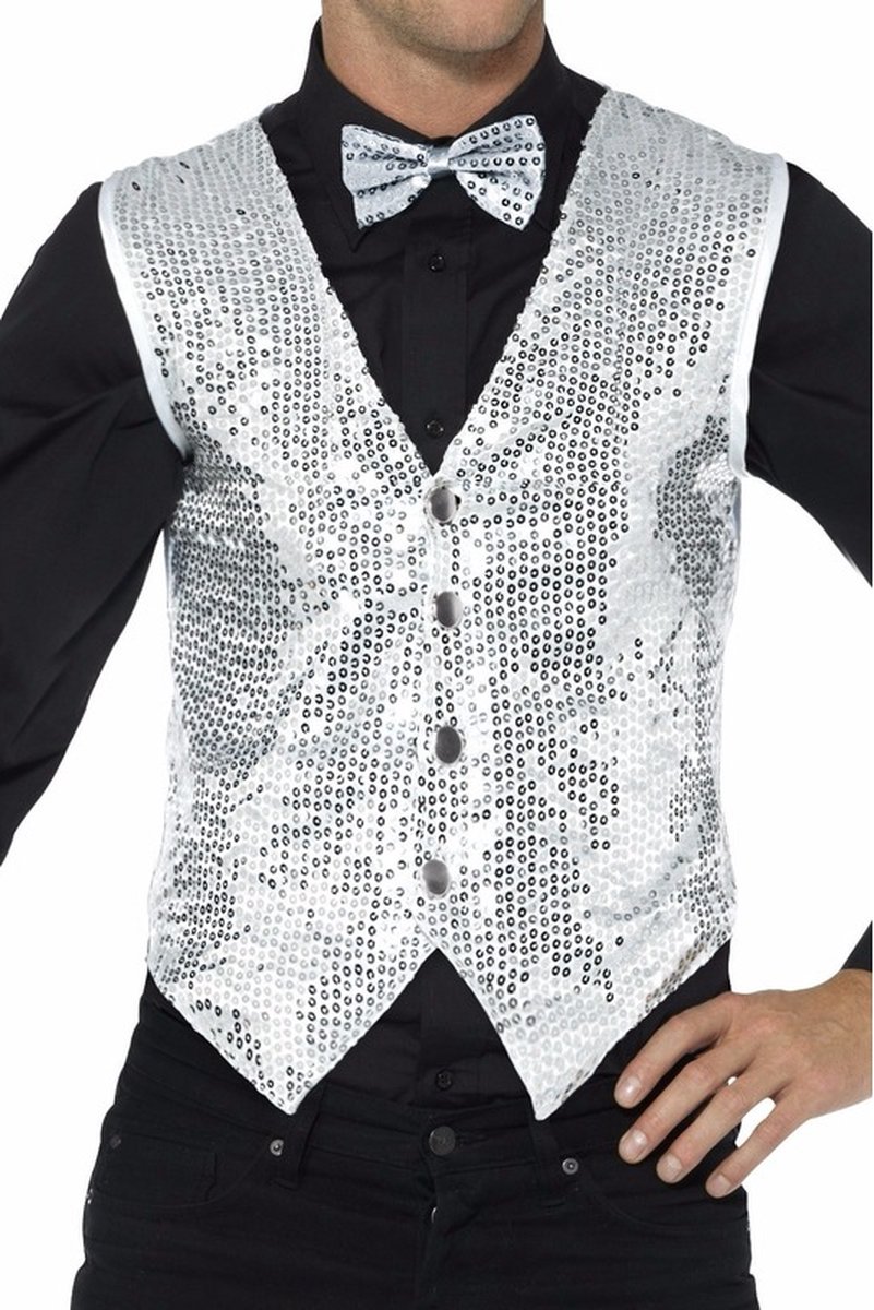   carnavalkleding verkleed Pailetten Gilet/vestje - zilver - Heren - Polyester 56/58
