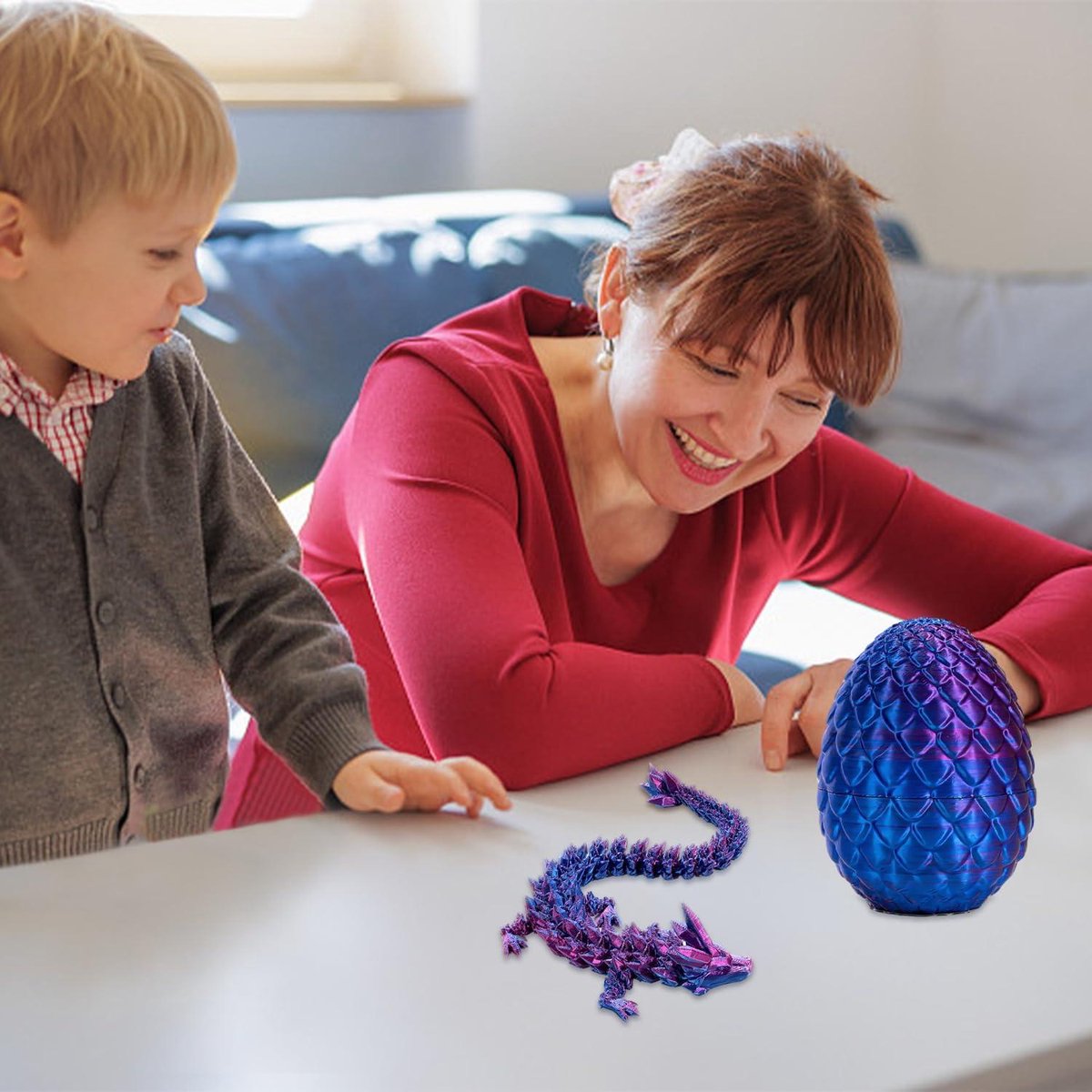   - 3D-draak met drakenei en kristallen, volledig beweegbaar - Paars - Speelgoed voor Drakenliefhebbers - Flexibel Gewricht - Chef-bureauspeelgoed