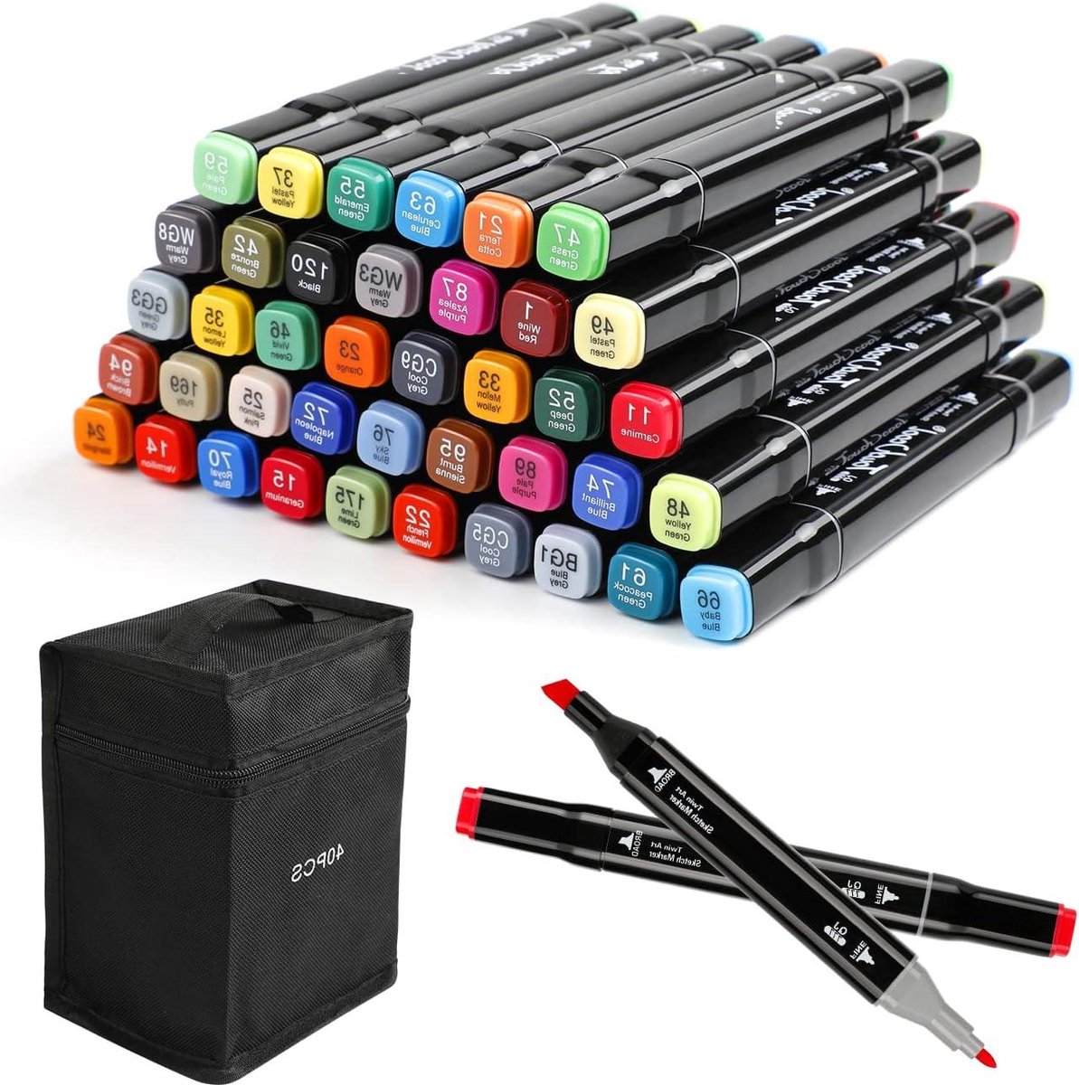 Smoakez - Dubbele Markeringen Pen Set voor Architectuur en Kleuren - 40 Zwarte Kleuren - Brede en Fijne Punt - Grafische Marker - Tekenen en Marker - Draagtas Inbegrepen
