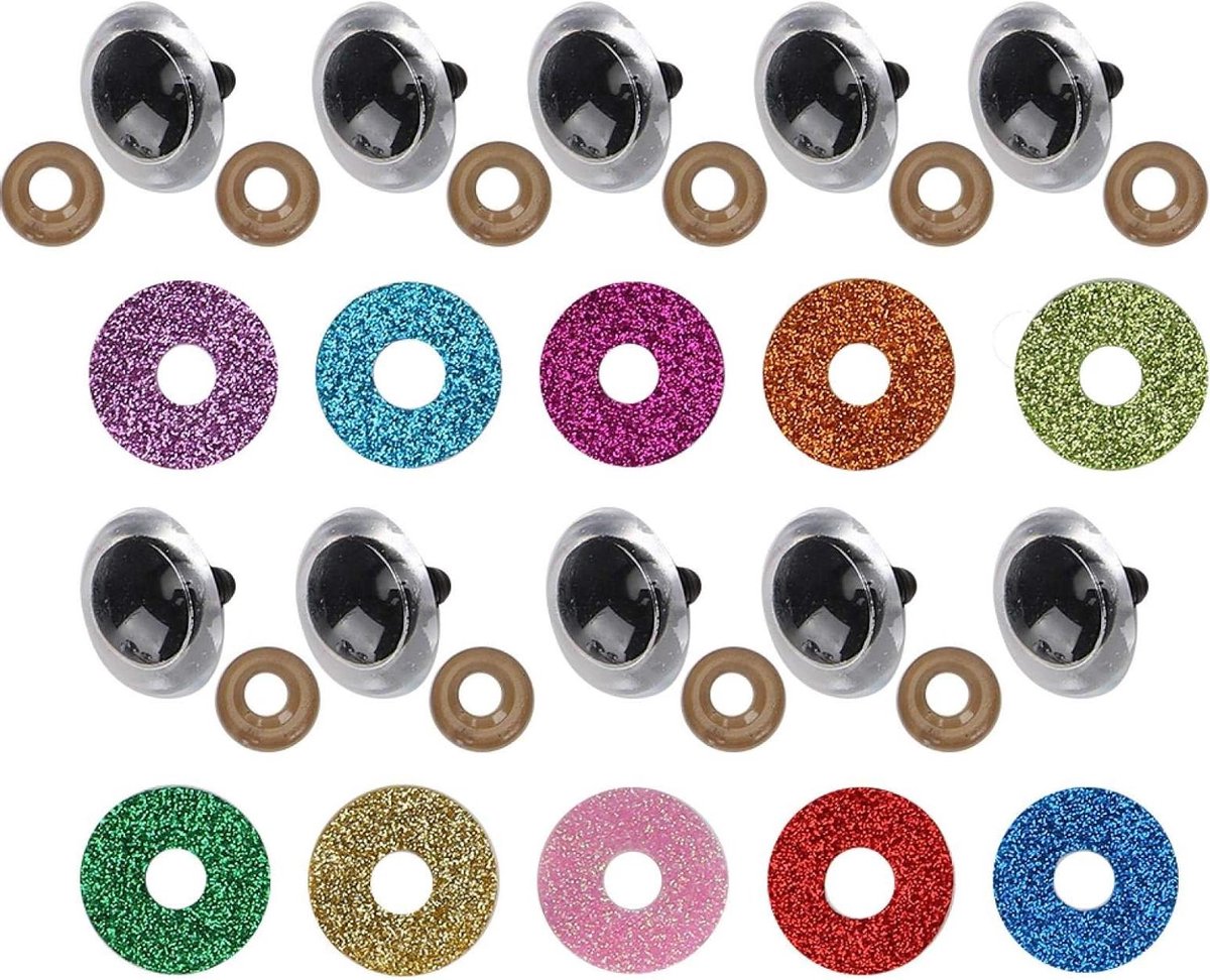   - Pack van 300 poppenogen teddy glitter kleurrijke plastic ogen set met 100 veiligheidsoogjes, 100 glitter en 100 ringen 10 kleuren inclusief rood roze groen blauw (16 mm)