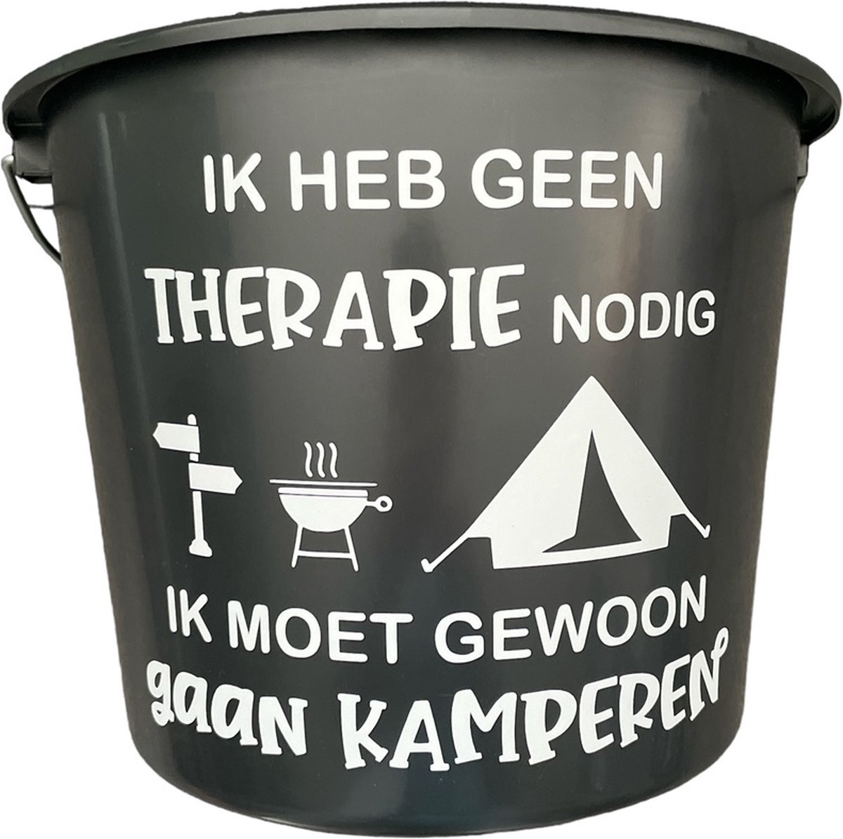 Cadeau Emmer - geen therapie, kamperen - 12 liter - zwart - cadeau - geschenk - gift - kado - vakantie - kamperen - zomer