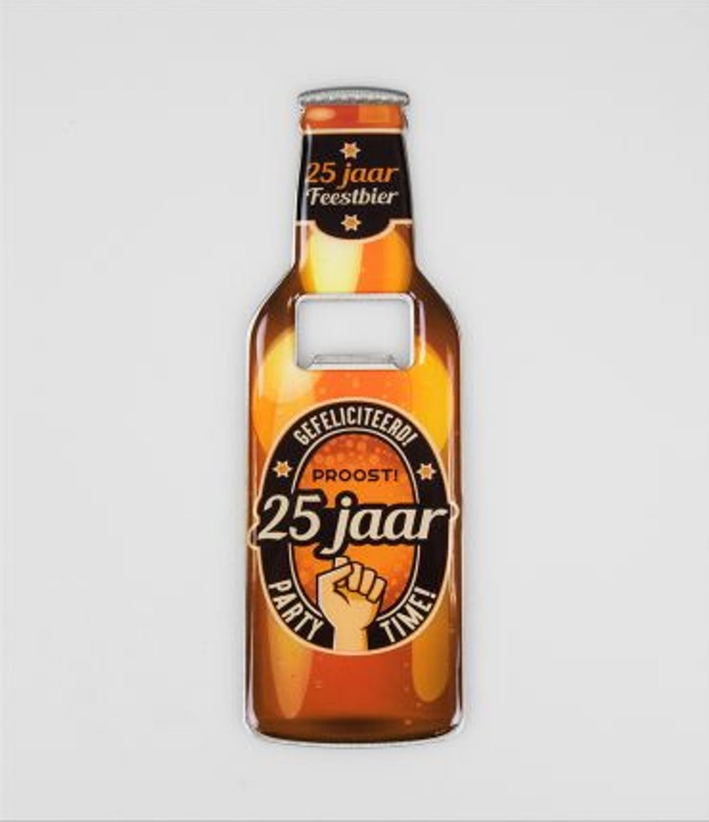 Bieropener -Magnetisch - 25 jaar - In cadeauverpakking met gekleurd lint