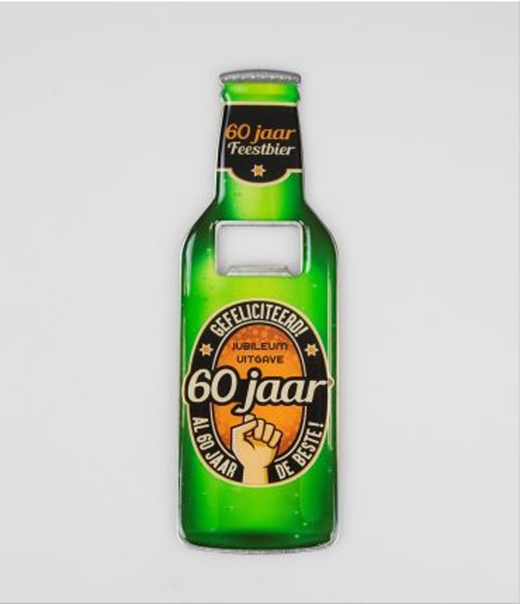 Bieropener -Magnetisch - 60 Jaar - In cadeauverpakking met gekleurd lint