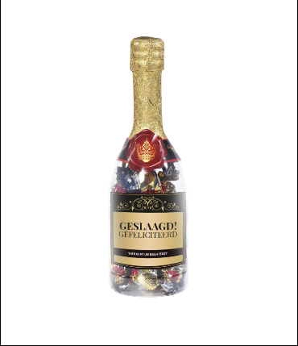 Chocoladecadeau Champagnefles - Geslaagd - Gevuld met een feestelijke toffeemix