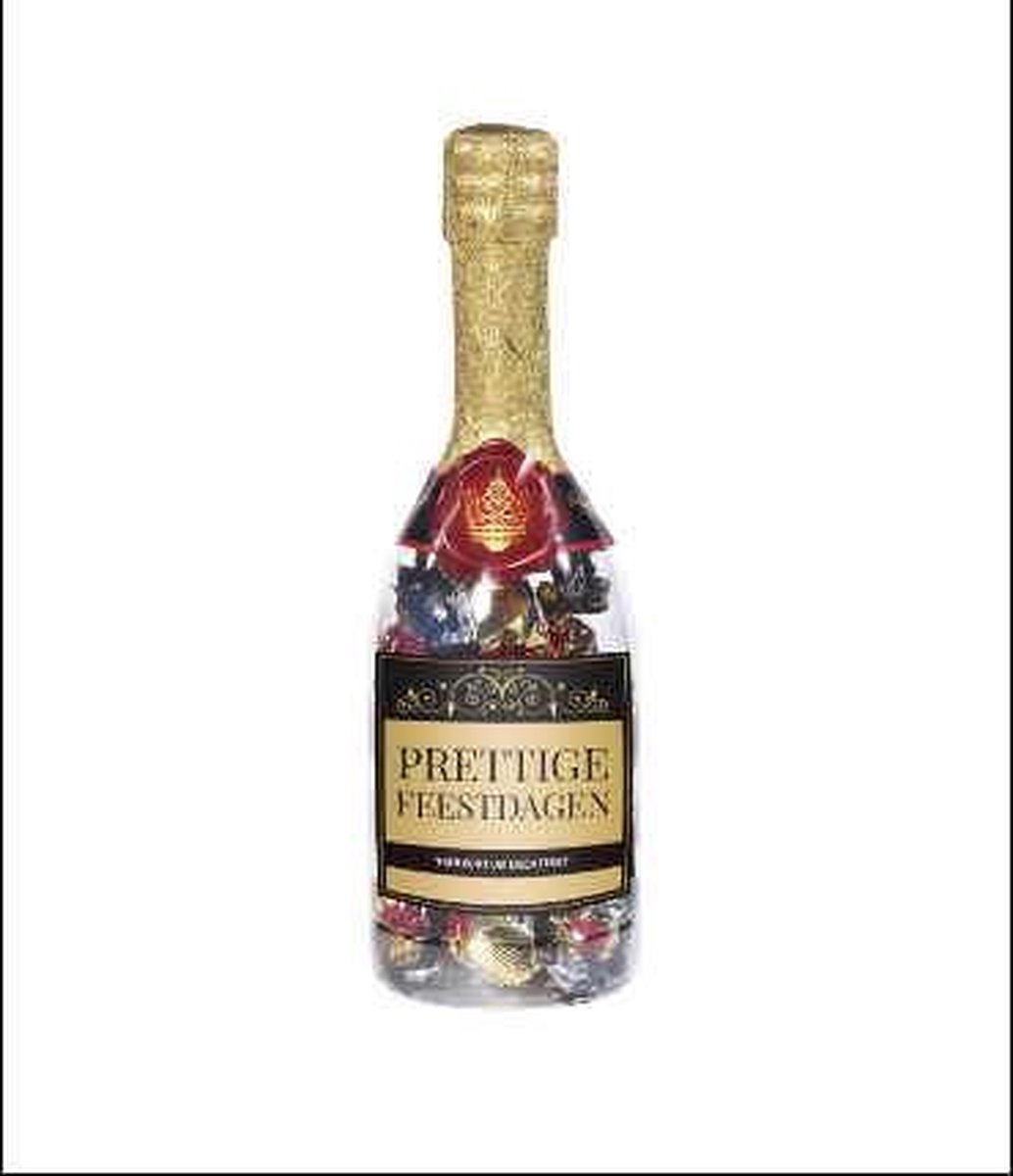 Chocoladecadeau Champagnefles - Prettige feestdagen - Gevuld met een feestelijke toffeemix