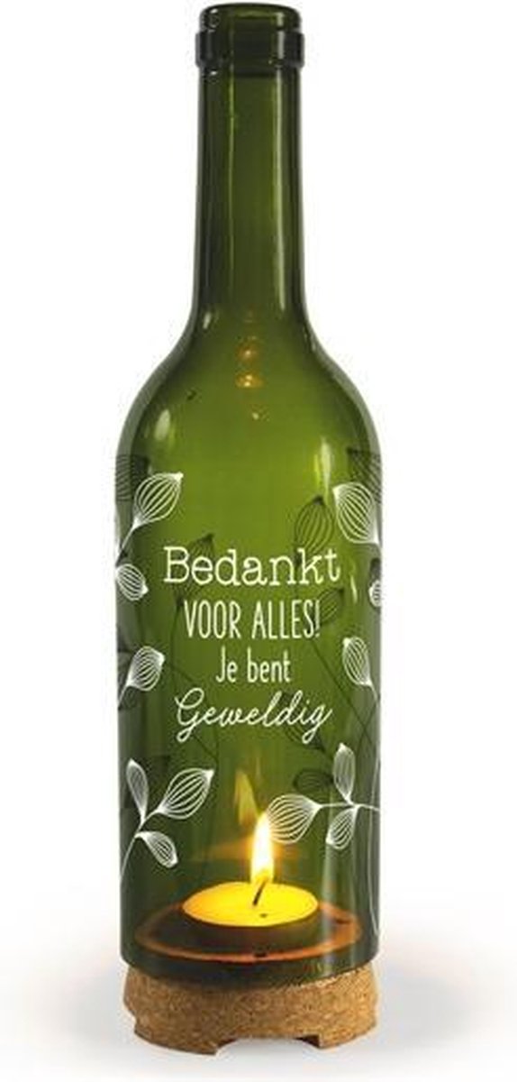 Kerst - Kerstverlichting - Wijnfles met waxinelichtje - Bedankt voor alles! Je bent geweldig - In cadeauverpakking met gekleurd lint