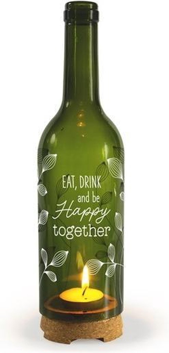 Kerst - Kerstverlichting - Wijnfles met waxinelichtje - Eat, drink and be Happy together - In cadeauverpakking met gekleurd krullint