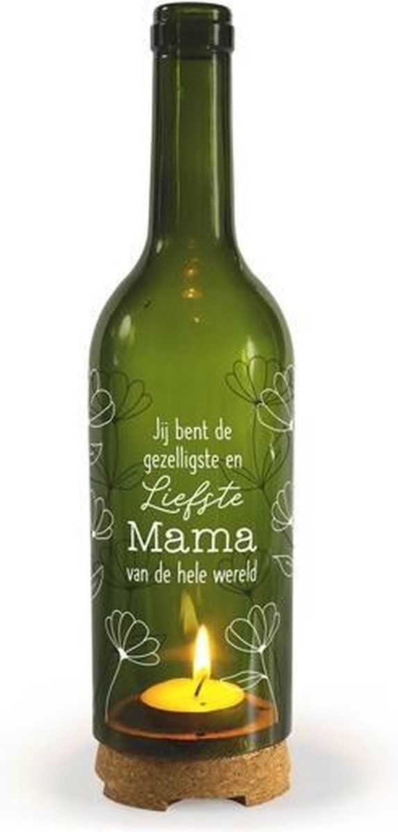 Kerst - Kerstverlichting - Wijnfles met waxinelichtje - Jij bent de gezelligste en liefste Mama van de hele wereld - In cadeauverpakking met gekleurd lint