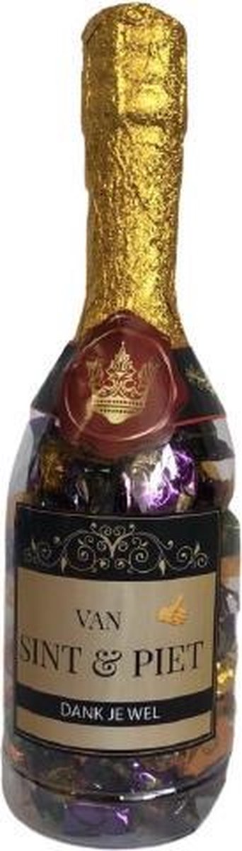 Sinterklaas - Champagnefles - Van Sint & Piet - Dank je wel - Duimpje - Gevuld met verpakte Italiaanse Sorini bonbons - In cadeauverpakking met gekleurd lint en een zijden lint met de tekst 