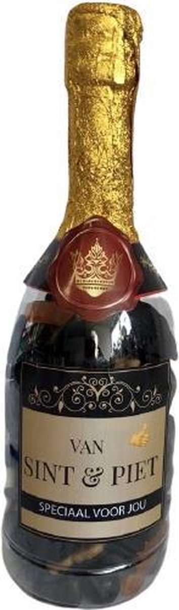 Sinterklaas - Champagnefles - Van Sint & Piet - Speciaal voor jou - Duimpje - Gevuld met een mix van verpakte toffees  - In cadeauverpakking met gekleurd lint en een zijden lint met de tekst 