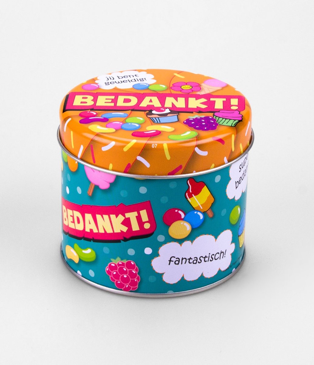 Snoepblikje - Bedankt! - Gevuld met een snoepmix - In cadeauverpakking met gekleurd lint