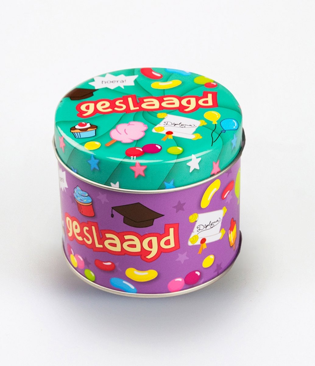 Snoepblikje - Geslaagd! - Gevuld met een dropmix - In cadeauverpakking met gekleurd lint