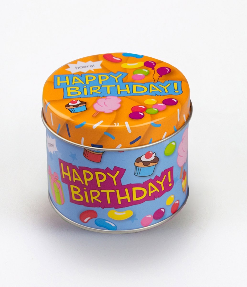 Snoepblikje - Happy Birthday! - Gevuld met een snoepmix - In cadeauverpakking met gekleurd lint