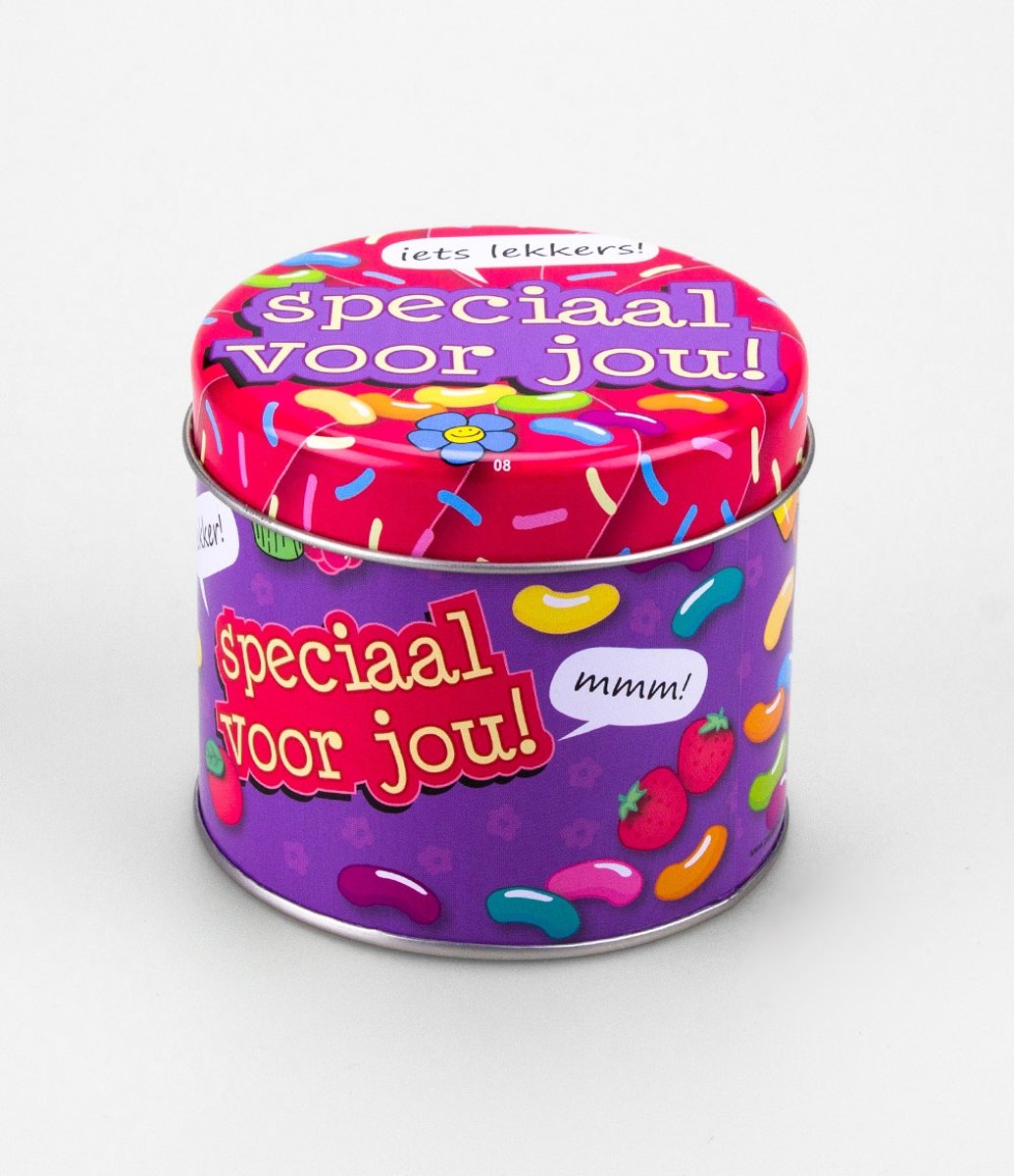 Snoepblikje - Speciaal voor jou - Gevuld met een verpakte toffeemix - In cadeauverpakking met gekleurd lint