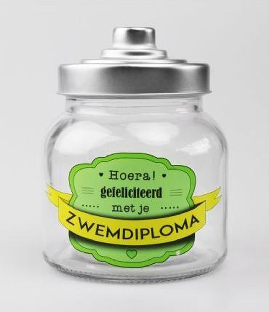 Snoeppot - Gefeliciteerd met je Zwemdiploma - Gevuld met verse dropmix - In cadeauverpakking met gekleurd lint