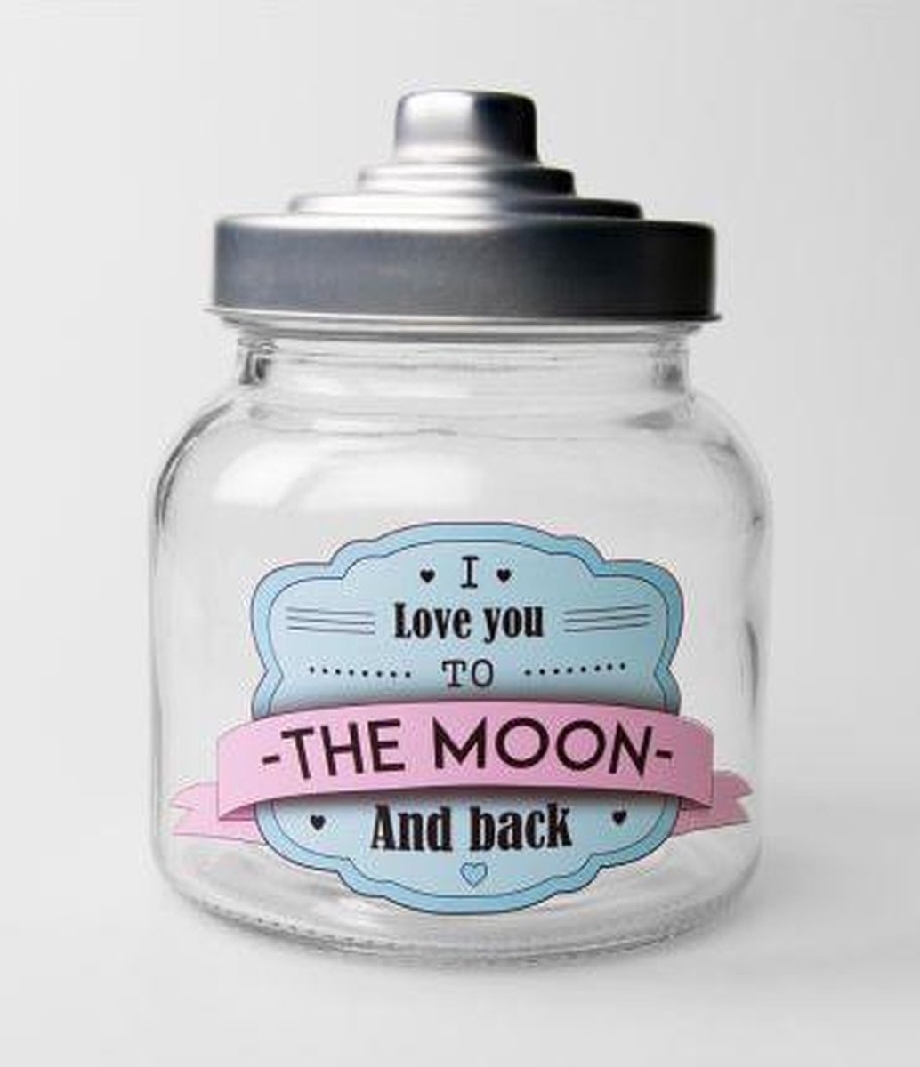 Snoeppot - I love you to the moon and back - Gevuld met verse dropmix - In cadeauverpakking met gekleurd lint