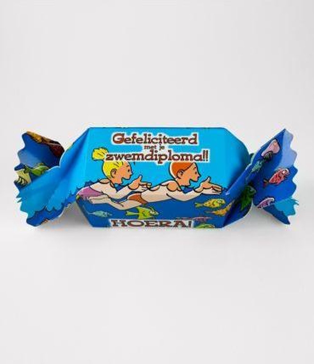 Snoeptoffee - Gefeliciteerd met je zwemdiploma - Gevuld met  een snoepmix - In cadeauverpakking met gekleurd lint