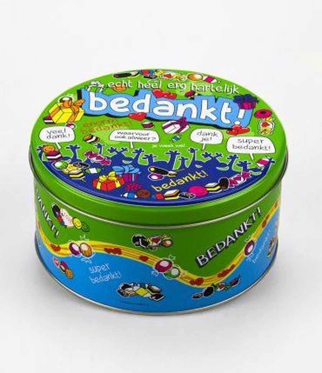 Snoeptrommel - Bedankt - Gevuld met verse dropmix - In cadeauverpakking met gekleurd lint