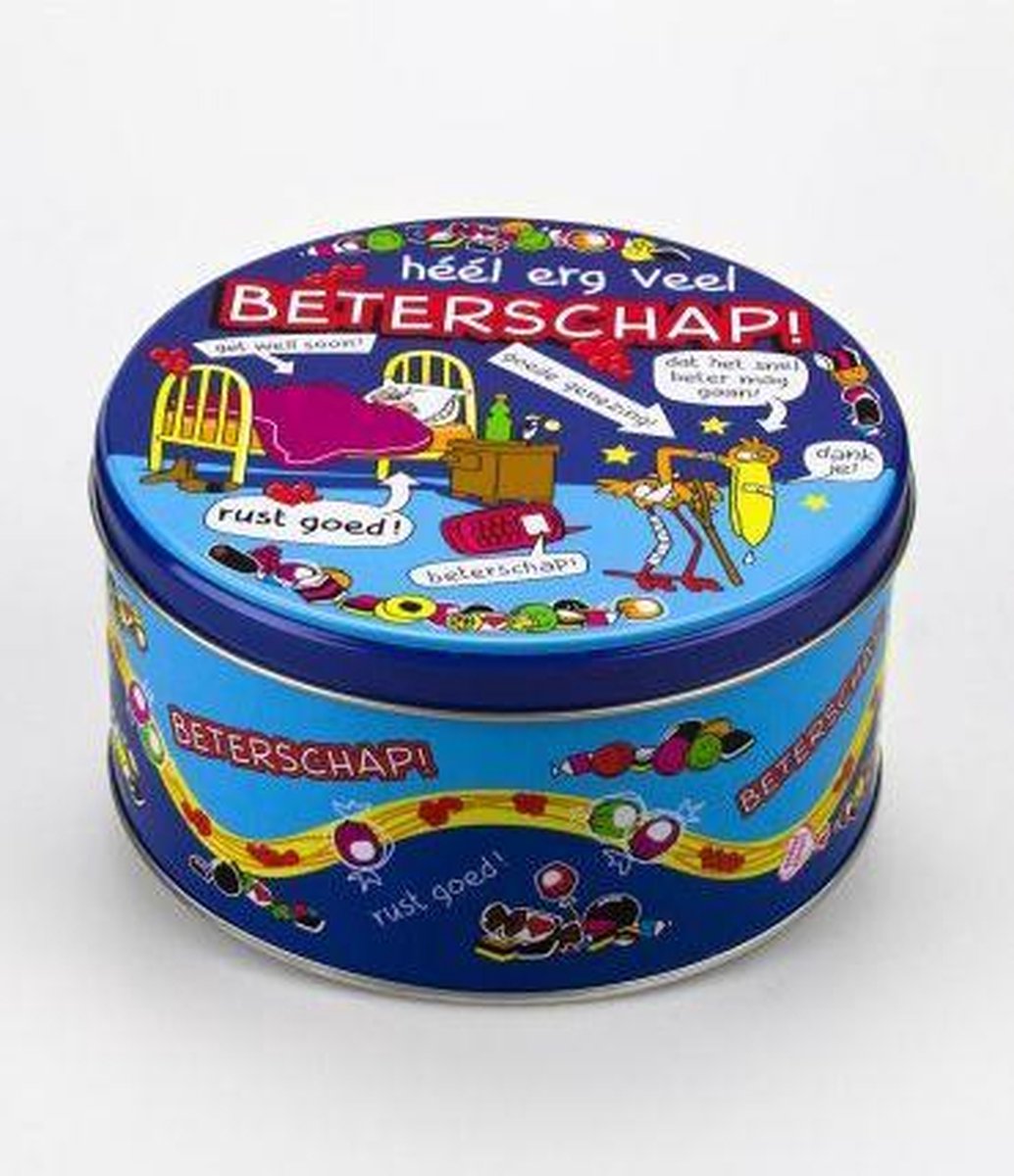 Snoeptrommel - Beterschap - Gevuld met verse dropmix - In cadeauverpakking met gekleurd lint