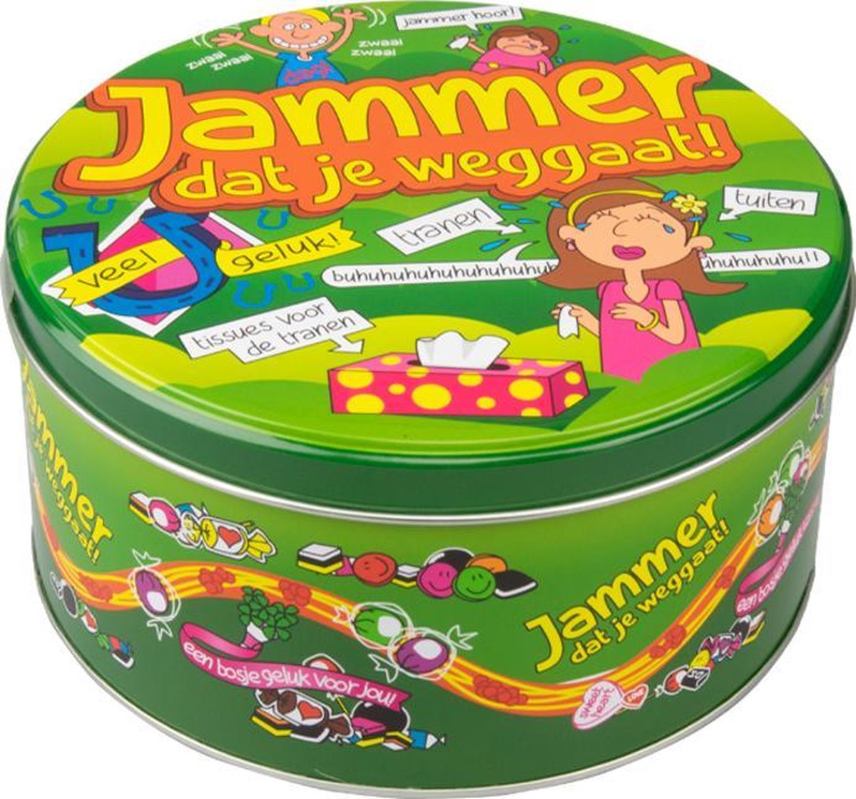 Snoeptrommel - Jammer dat je weggaat - Gevuld met dropmix - In cadeauverpakking met gekleurd lint