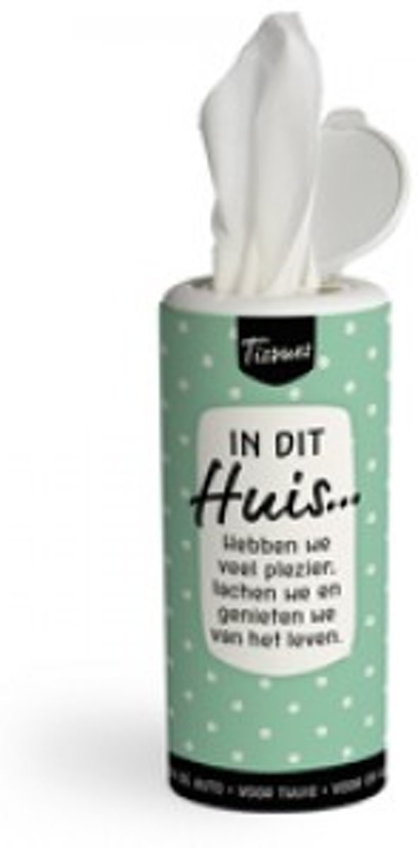 Tissue Dispenser - In dit huis…. Hebben we vel plezier, lachen we en genieten we van het leven - In cadeauverpakking met gekleurd lint