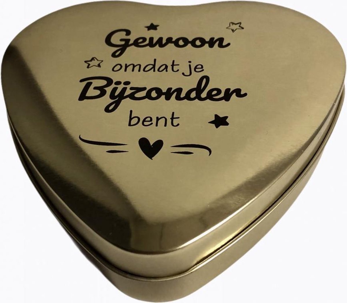 Valentijn - Blik met deksel - Goudkleurig - Hart - Gewoon omdat bijzonder bent - Gevuld met een bonbonmix - In cadeauverpakking met gekleurd lint