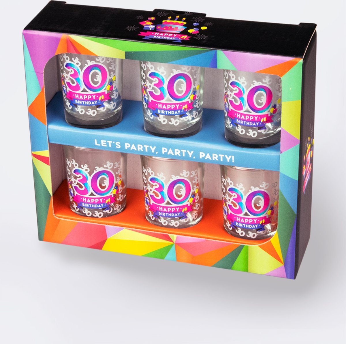 Verjaardag -  6 Happy Shot glasses - 30 Happy Birthday - In cadeauverpakking met gekleurd lint