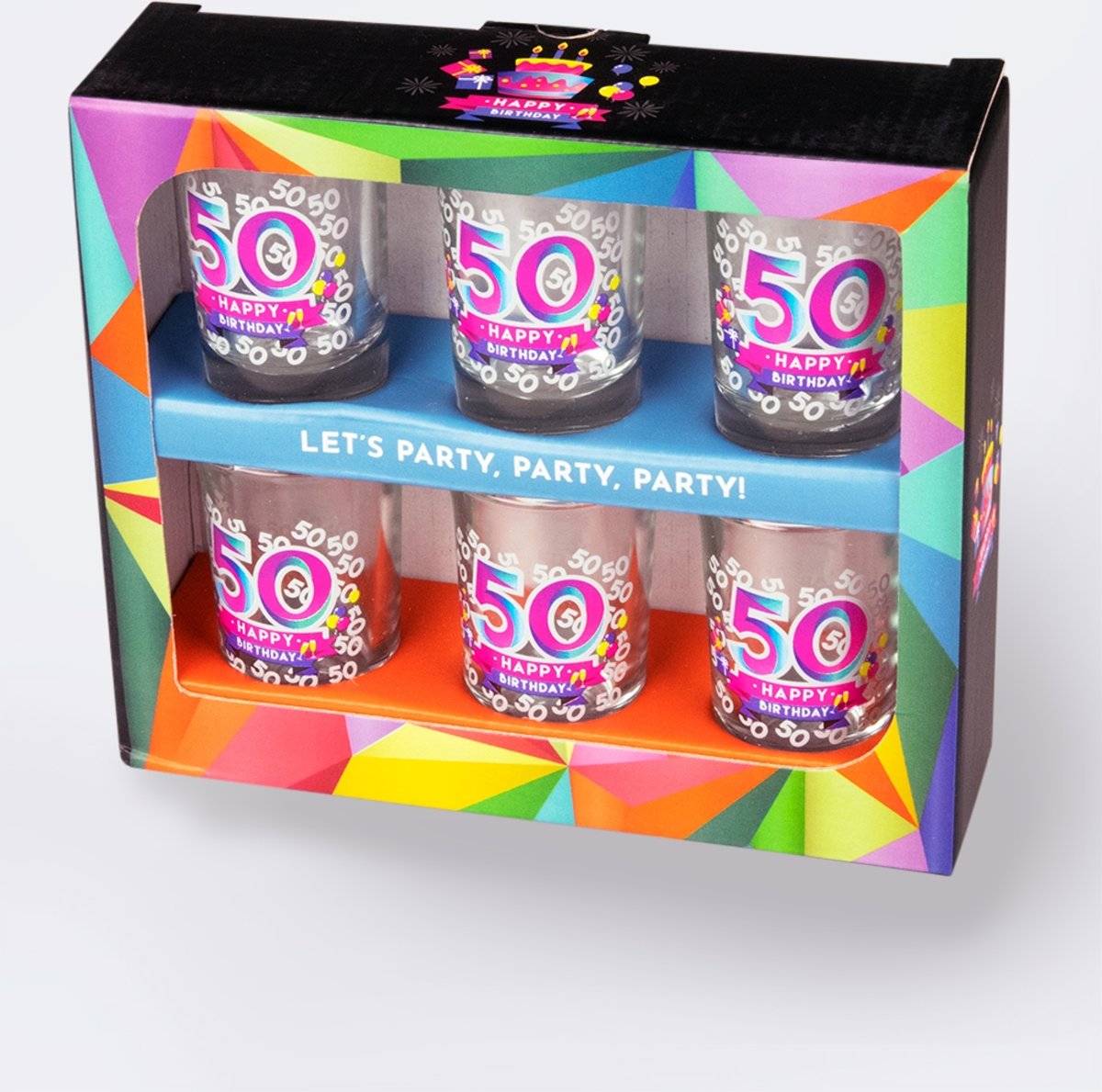 Verjaardag -  6 Happy Shot glasses - 50 Happy Birthday - In cadeauverpakking met gekleurd lint