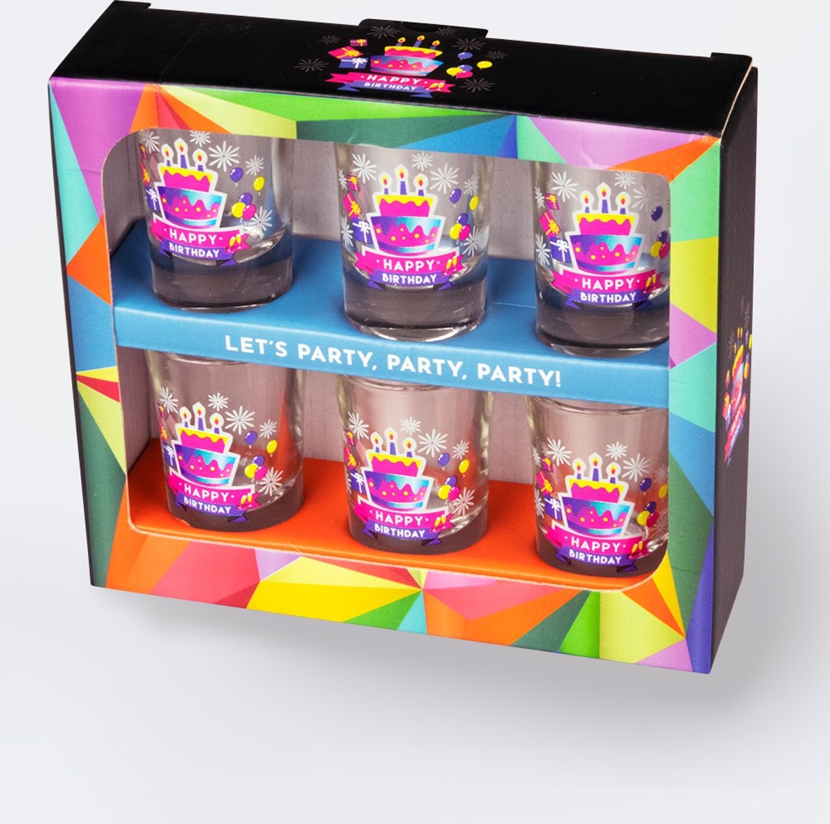 Verjaardag -  6 Happy Shot glasses - Happy Birthday - In cadeauverpakking met gekleurd lint