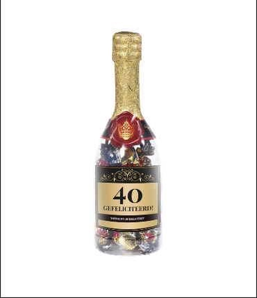 Verjaardag - Cadeau - Champagnefles - 40 jaar - Gevuld met een feestelijke toffeemix - In cadeauverpakking met gekleurd lint