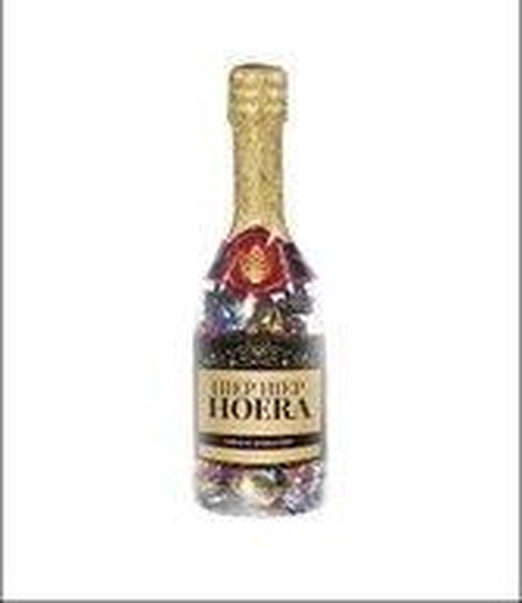 Verjaardag - Cadeau - Champagnefles - Hiep hiep hoera - Gevuld met een feestelijke toffeemix - In cadeauverpakking met gekleurd lint