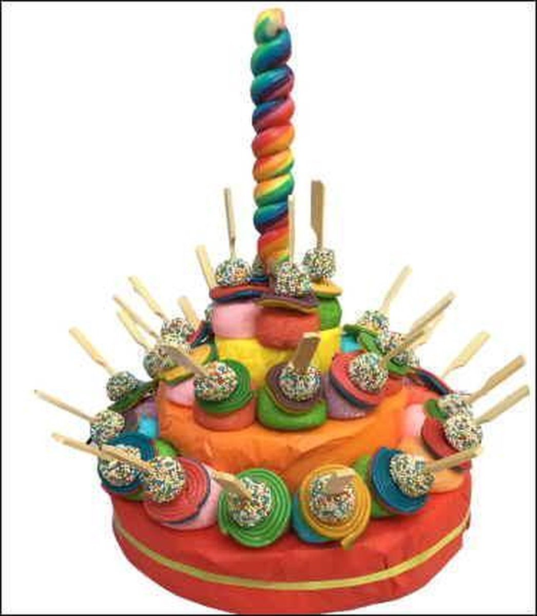 Verjaardag - Kinderfeest  - Snoeptaart - Trakteertaart  - Regenboog - Met Lolly - In cadeauverpakking met gekleurd lint