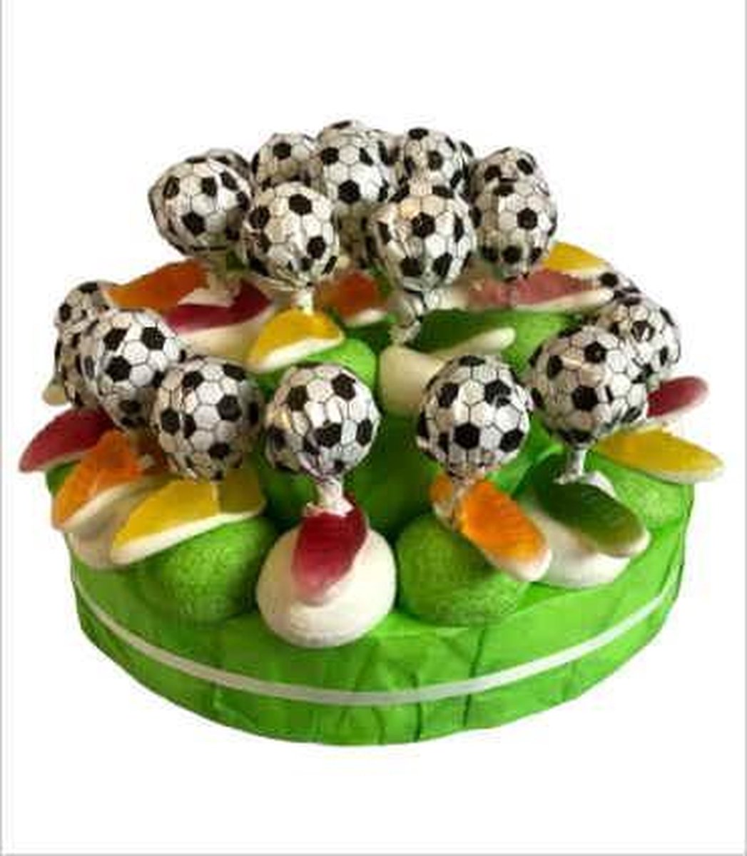 Verjaardag - Kinderfeest  - Snoeptaart - Trakteertaart  - Voetbaltaart - Groen - In cadeauverpakking met gekleurd lint